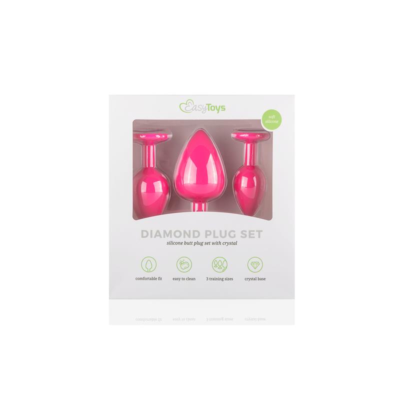 3 Pieces Butt Plug Set with Crystal Silicone Pink