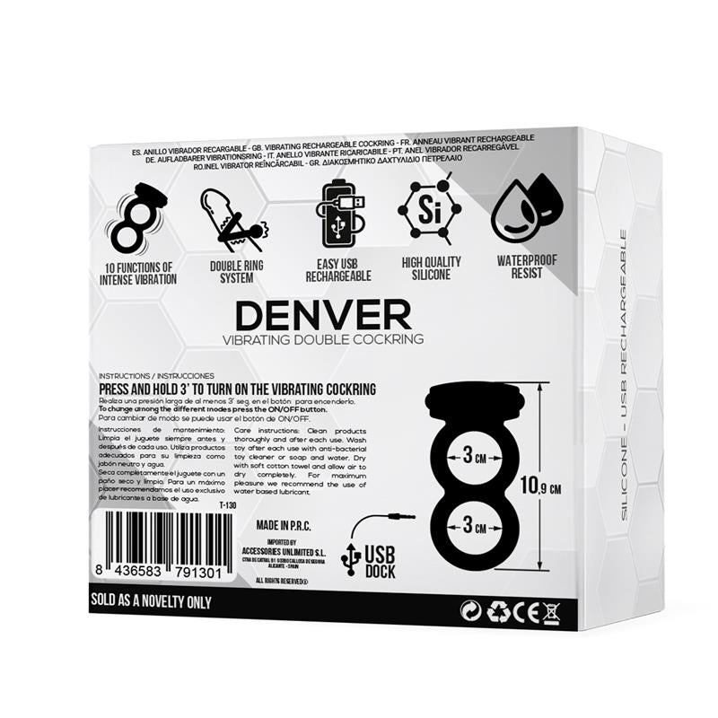 Denver Double Cockring with Vibrating Bullet USB Silicone Black