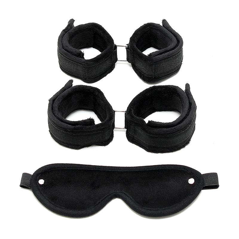 Rimba Bondage Play Handcuffs Foot Cuffs and Mask Black