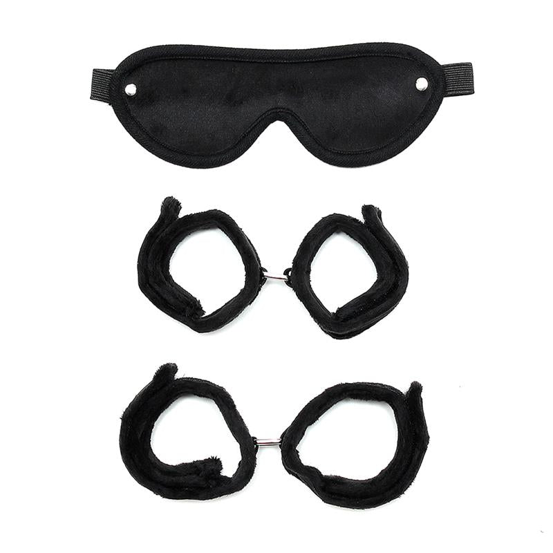 Rimba Bondage Play Handcuffs Foot Cuffs and Mask Black