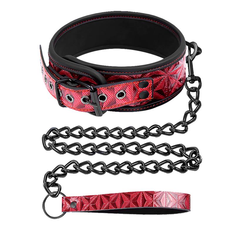 Adjustable Collar With Leash Diamond Vegan Leather