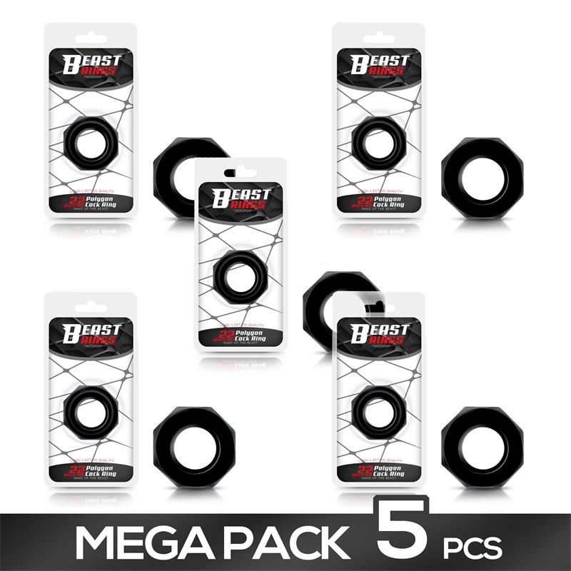 Pack of 5 Cock Ring Super Flexible Polygonal 22 cm Black