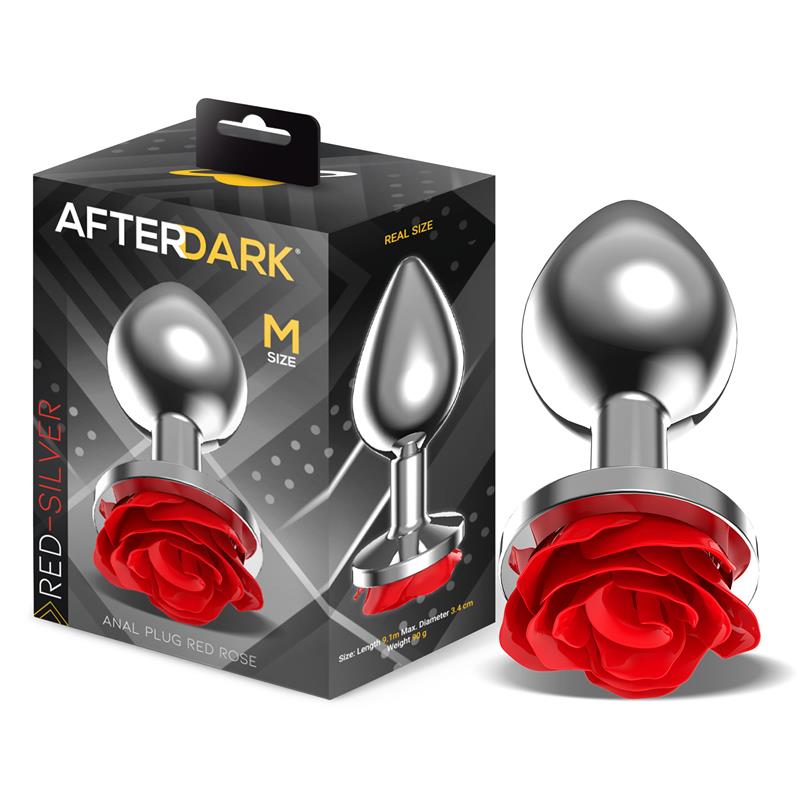 Metal Anal Plug with Red Rose Base Size M