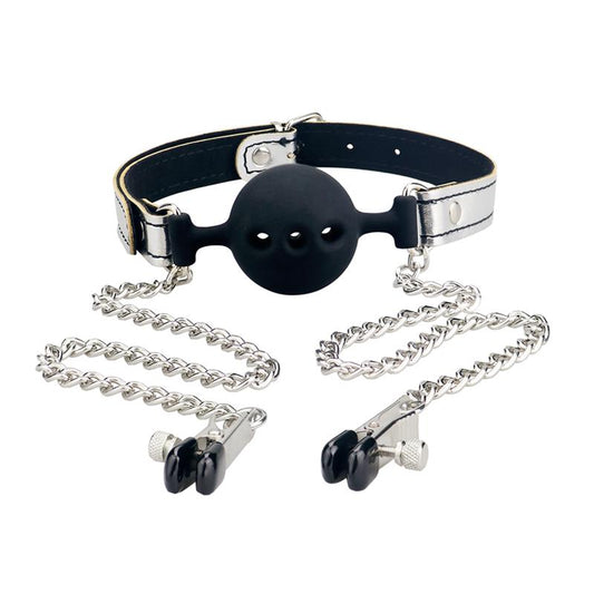 Ball Gag with Nipple Clamp Silver