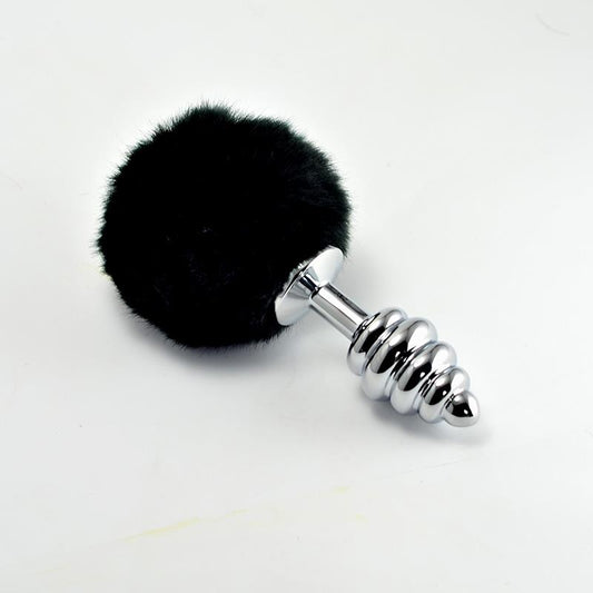 Metal Spiral Butt Plug with Black Pompon