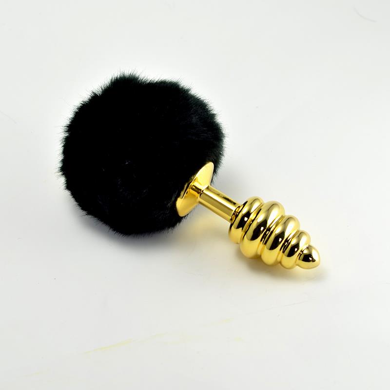 Metal Spiral Butt Plug with Black Pompon